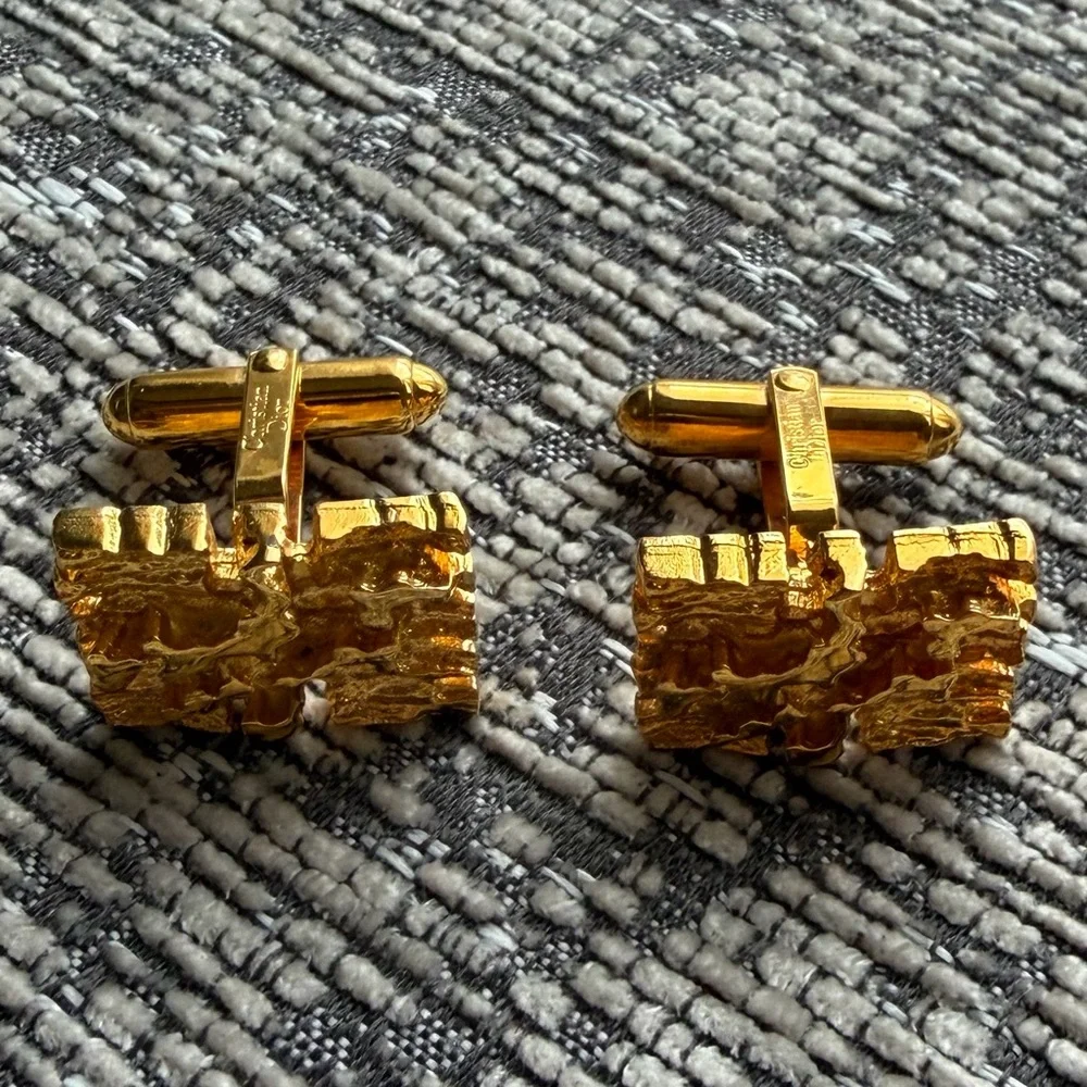 VINTAGE Christian DIOR Rectangle Gold Tone Cufflinks Textured Nugget Brutalist